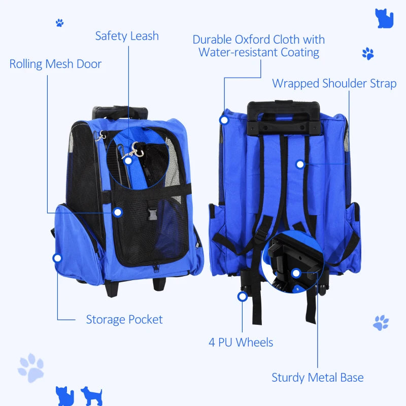 Blue Pet Travel Backpack with Trolley and Telescopic Handle