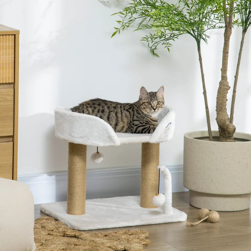 White 42cm Cat Tree with Toy Balls and Jute Scratching Post