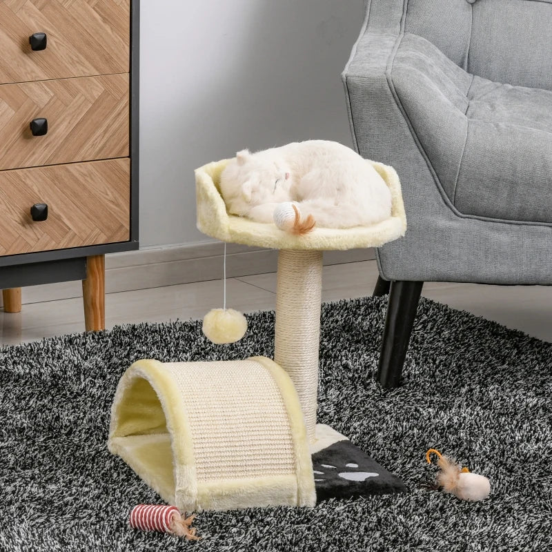 Beige Cat Tree Scratching Post with Hanging Ball