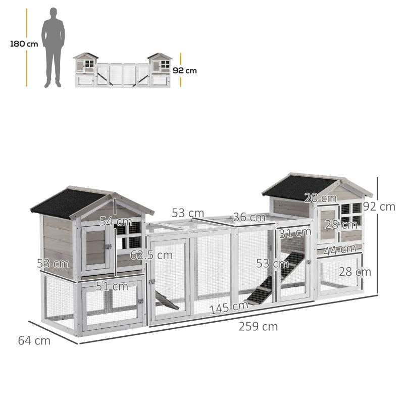 Grey 2-in-1 Outdoor Rabbit Hutch with Run & No-Leak Tray - 259 x 64 x 92cm