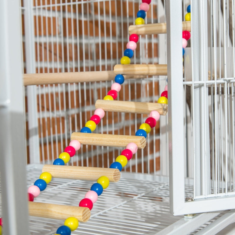 White 3 Tier Bird Cage with Stand, Wheels, Toys, Ladders, for Small Birds - Includes Accessories