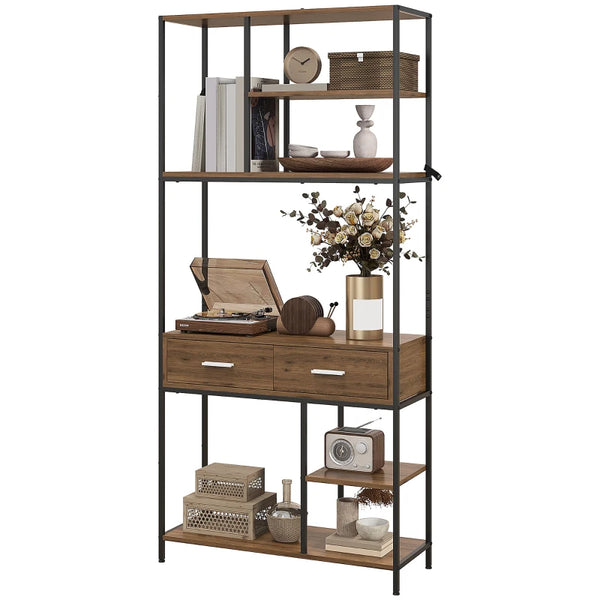 Seven-Shelf Industrial Display Shelf with Drawers - Brown/Black