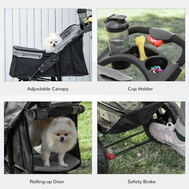 Grey Pet Stroller with Canopy & Storage for Small Pets