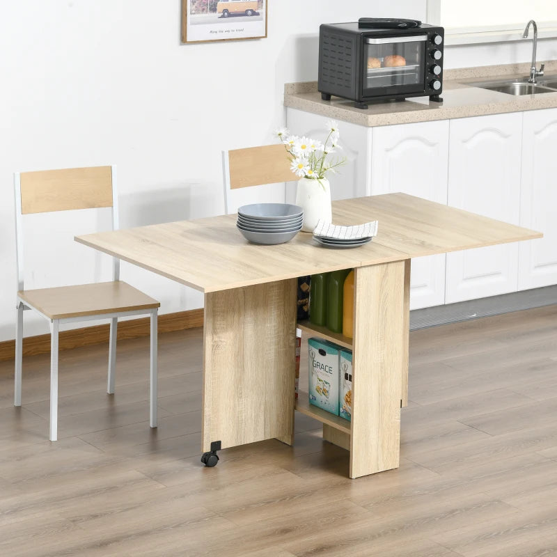 Natural Folding Drop Leaf Dining Table with Shelves and Casters