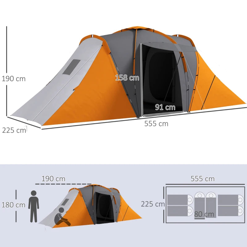 Orange 2-Bedroom Camping Tunnel Tent, 2000mm Waterproof, Portable for 4-6 People