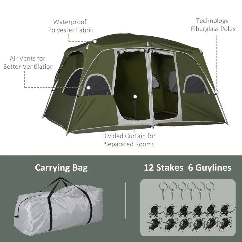 Green 2-Room Family Camping Tent for 4-8 People with Large Mesh Windows