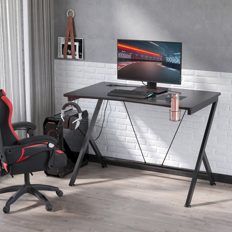 Black Gaming Desk with Cup Holder and Headphone Hook