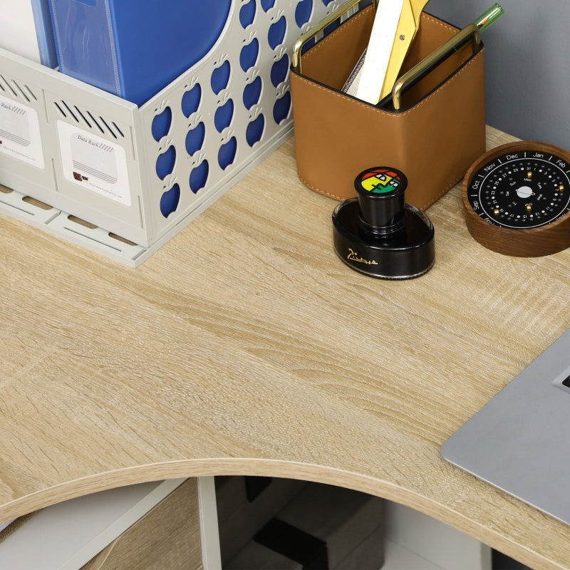 Corner Computer Desk with Drawers and Storage Compartments, Light Brown