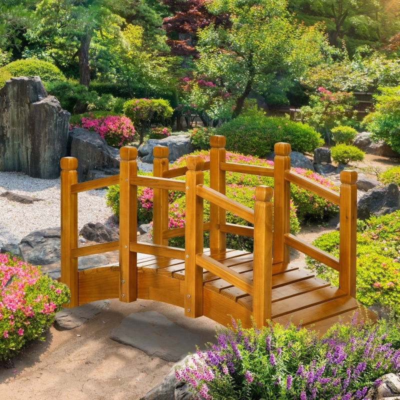 Brown Wooden Garden Bridge with Safety Railings for Pond Backyard Stream