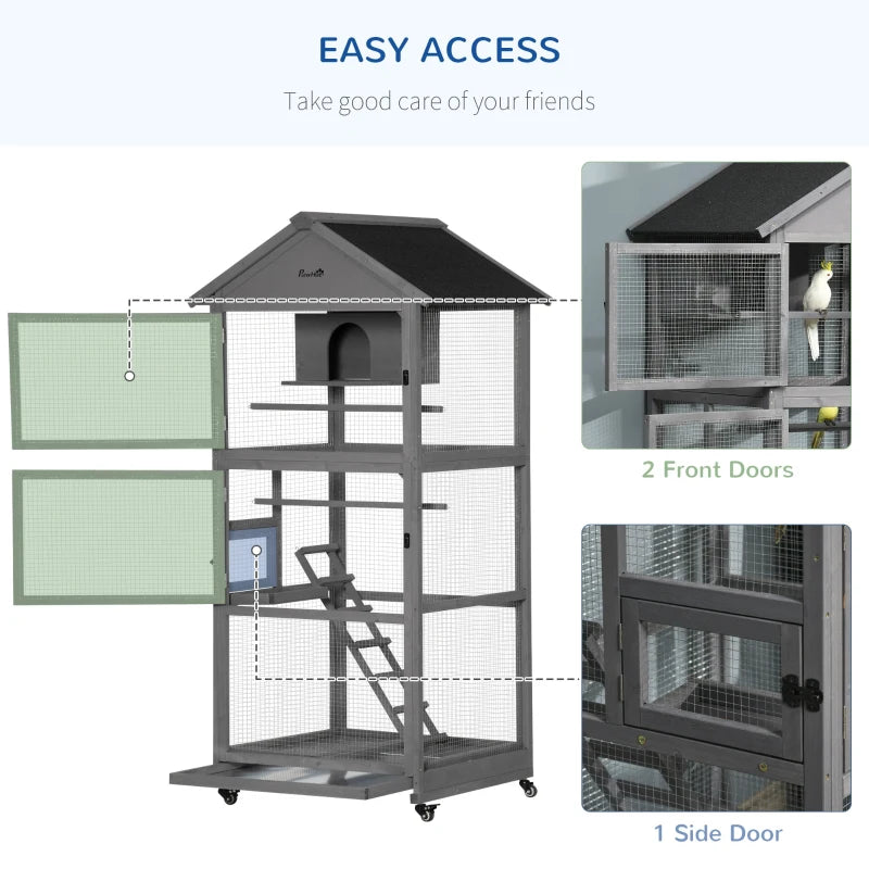 Mobile Wooden Bird Aviary Cage for Small Birds - Dark Grey