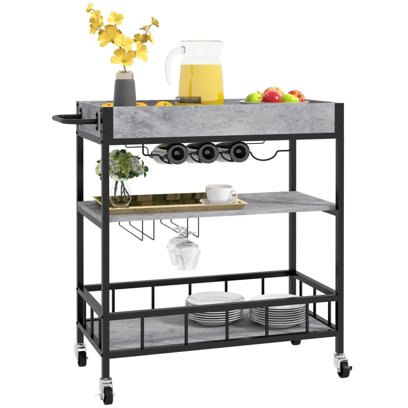 3-Tier Grey Kitchen Cart with Storage Shelves, Wine Racks, and Glass Holders