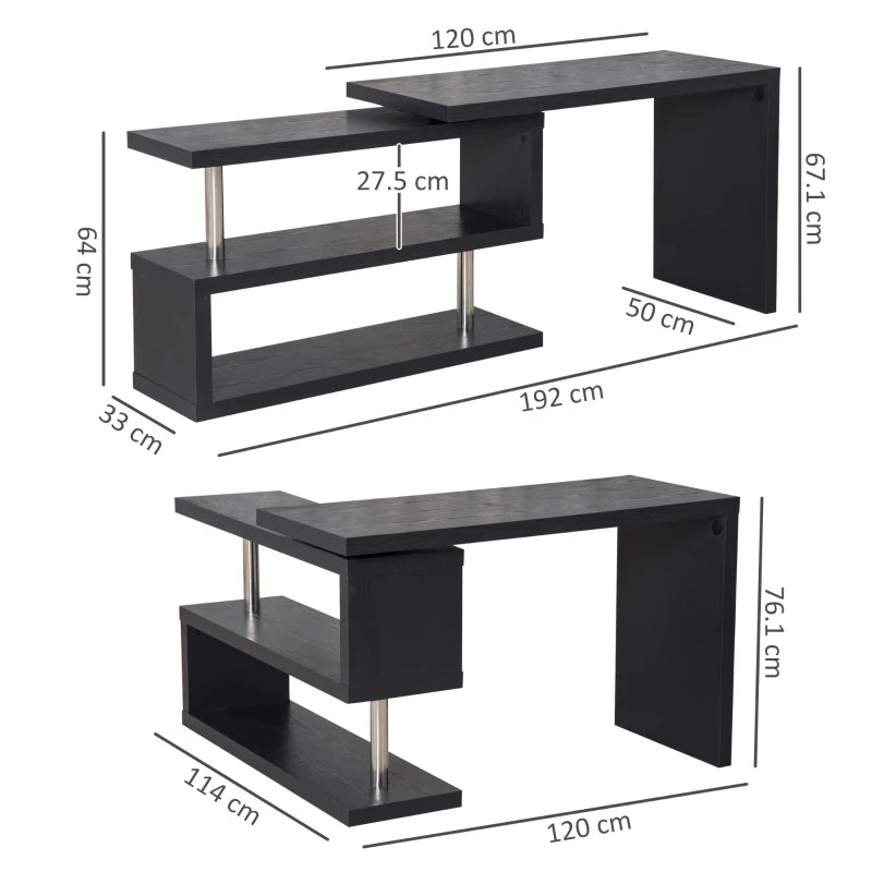 Black L-Shaped Rotating Corner Desk with Storage Shelf