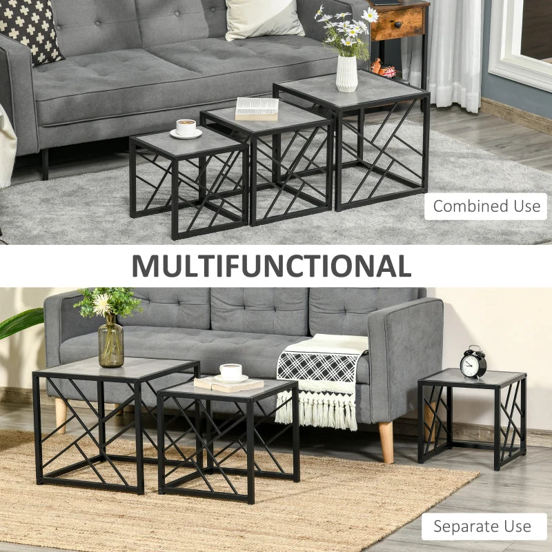 Grey Square Nesting Coffee Tables Set, 3-Piece Black Metal Frame Side Tables