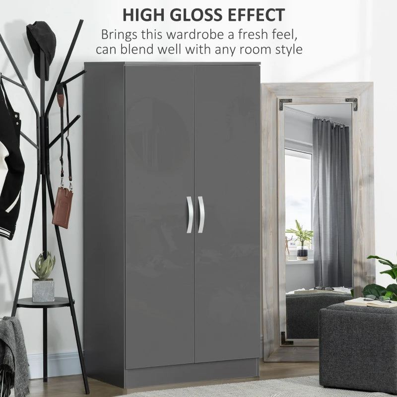 Grey High Gloss 2-Door Wardrobe with Hanging Rod and Storage Shelf