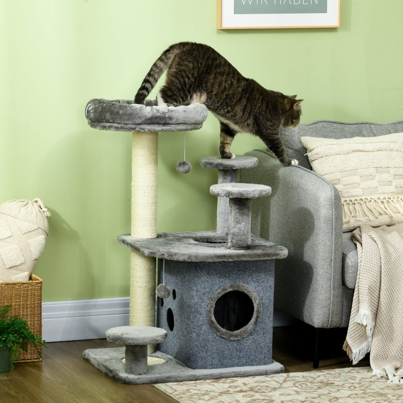 Grey Cat Tree with Scratching Posts, House, Bed - 92cm