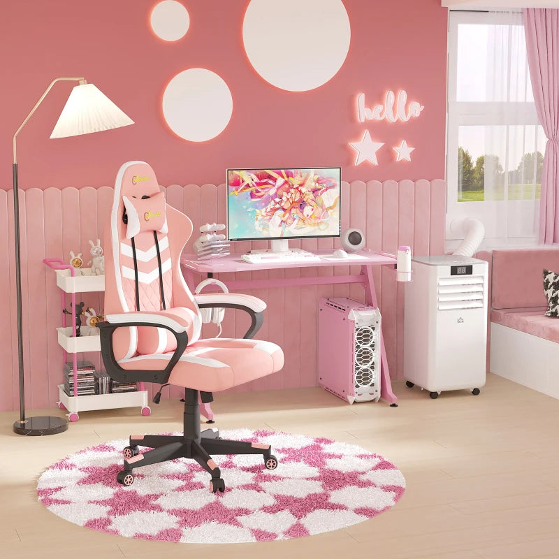 Pink Gaming Chair with Lumbar Support and Swivel Wheels