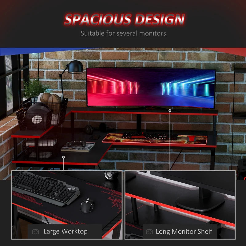 Black and Red L-Shaped Gaming Desk with Monitor Stand