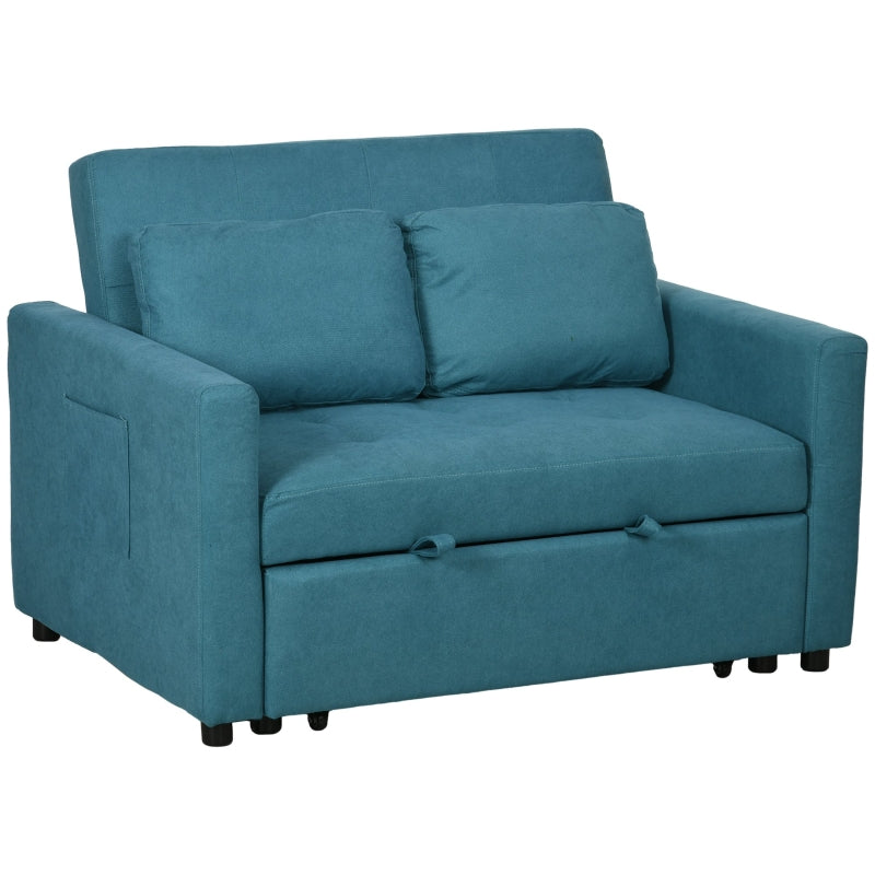 Blue Convertible Loveseat Sofa Bed with Cushions and Side Pockets