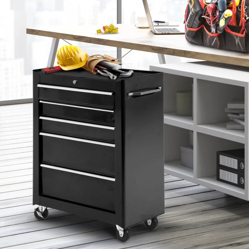 Black 5-Drawer Lockable Steel Tool Cabinet with Wheels