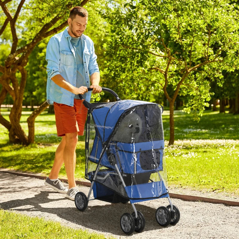 Blue Dog Stroller with Rain Cover for Small Dogs