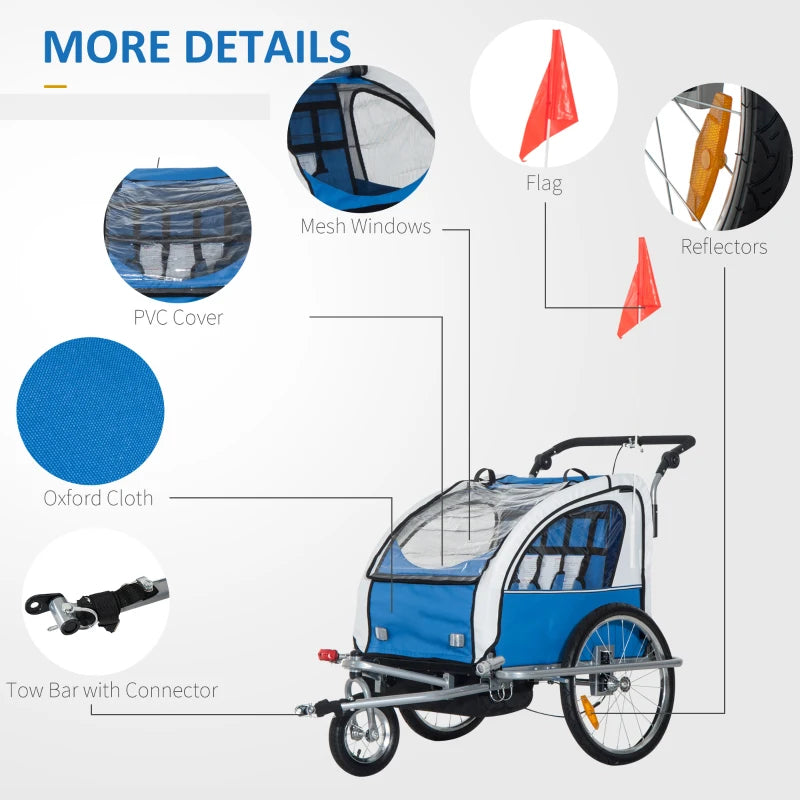 Blue 2-Seater Bike Trailer for Baby and Child with Canopy & Storage