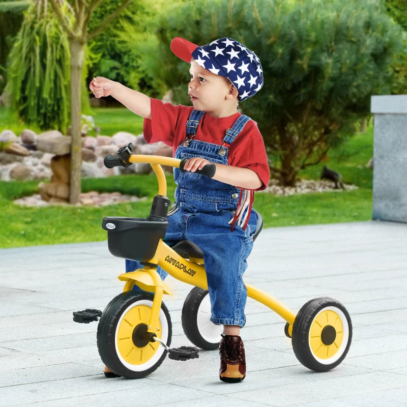 Yellow Kids Trike with Adjustable Seat, Basket & Bell - Ages 2-5