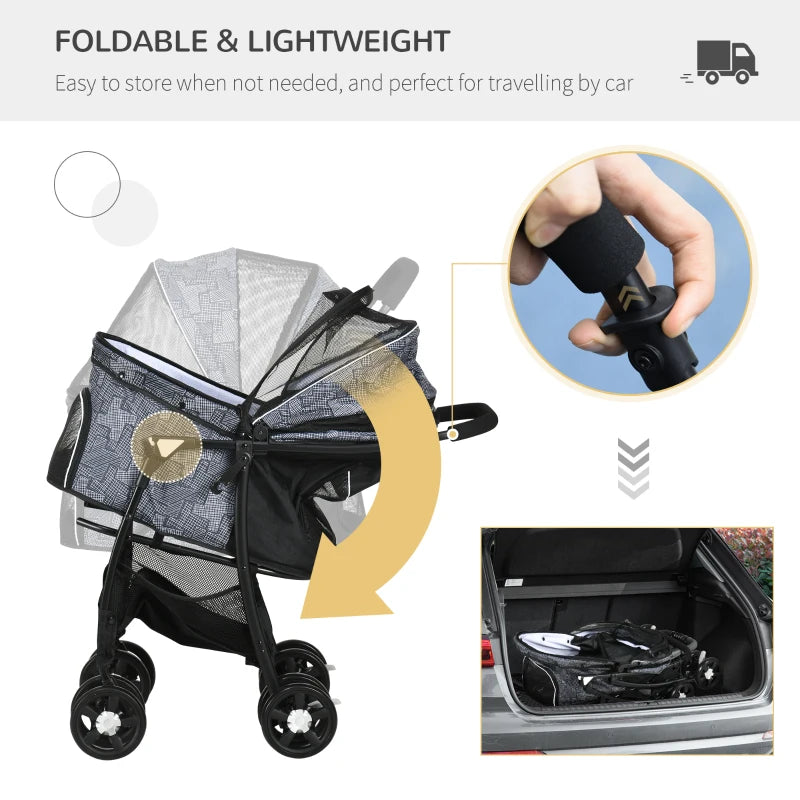 Grey Pet Stroller with Large Carriage and Storage Bag