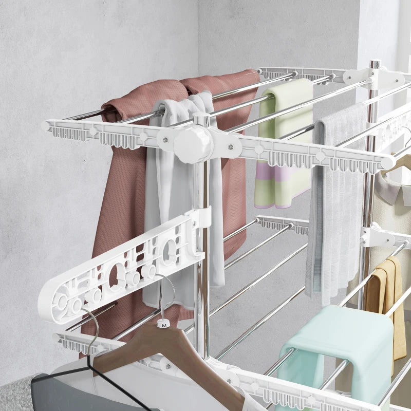 White 4-Shelf Folding Clothes Drying Rack with Side Arms and Wheels