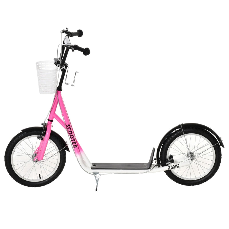 Pink Kids Scooter with Adjustable Handlebar, 2 Brakes, Basket, Cupholder, Mudguard, 16" Inflatable Tyres