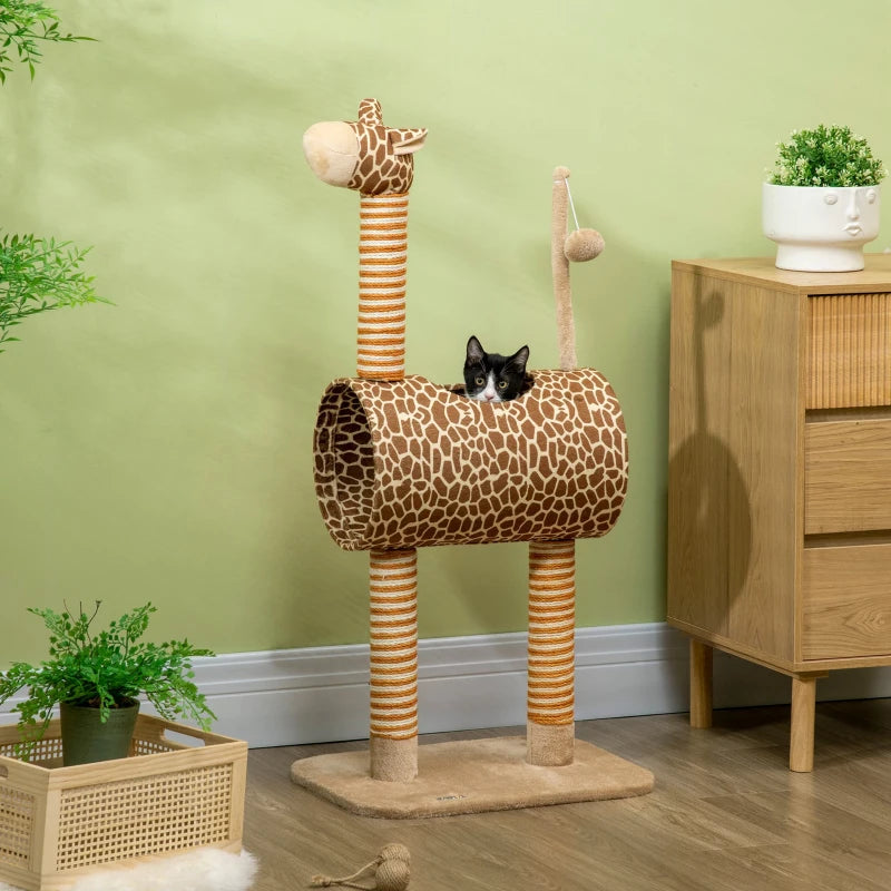 Cat Tree Play Tower with Scratching Posts and Toys, Giraffe Design, 48.5 x 34.5 x 101 cm