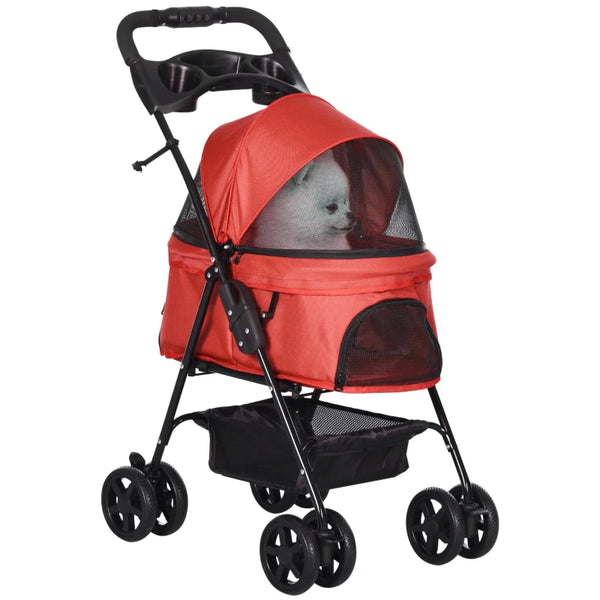 Red Pet Stroller with Canopy, 4 Wheels, Leashes, Storage Basket