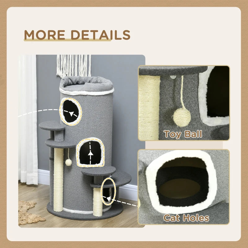 Grey Barrel Cat Tree with Scratching Posts, Bed, Platforms & Ball