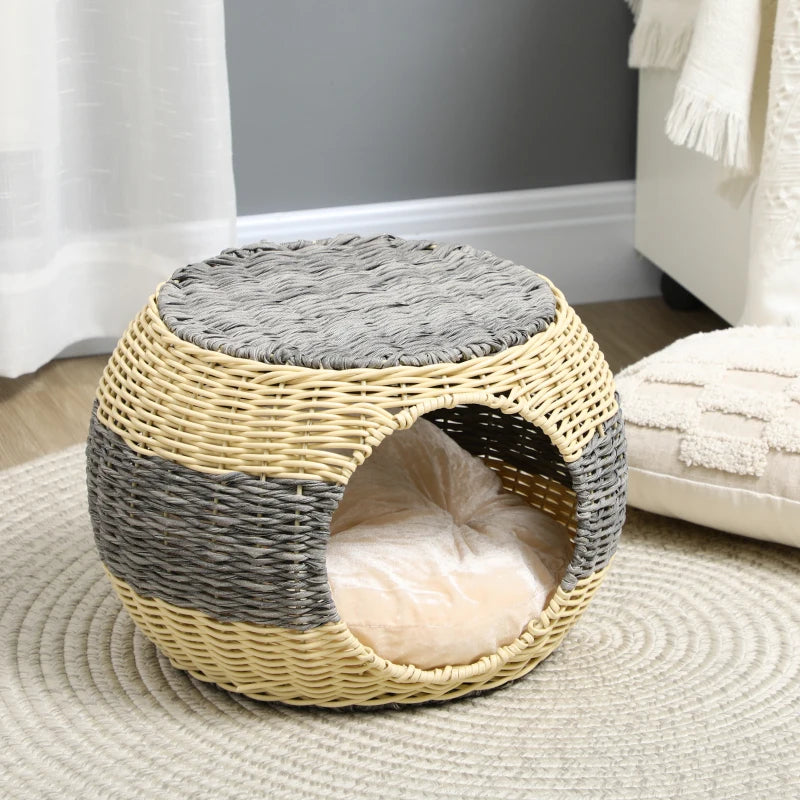 Rattan Wicker Cat Bed, Cozy Kitten Cave, Grey, Washable Cushion, 40x30cm