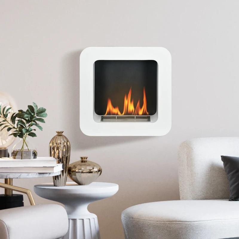 White Wall Mounted Bioethanol Fireplace - 1L Tank, 2.5 Hour Burn Time