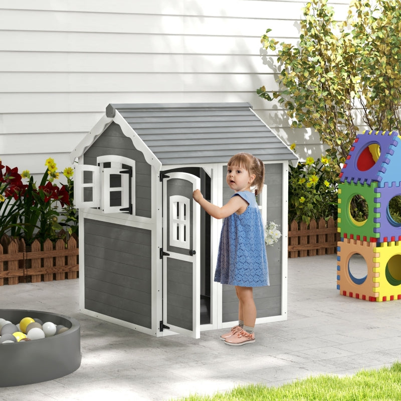 Grey Kids Wooden Playhouse with Doors, Windows, Plant Box - Ages 3-8