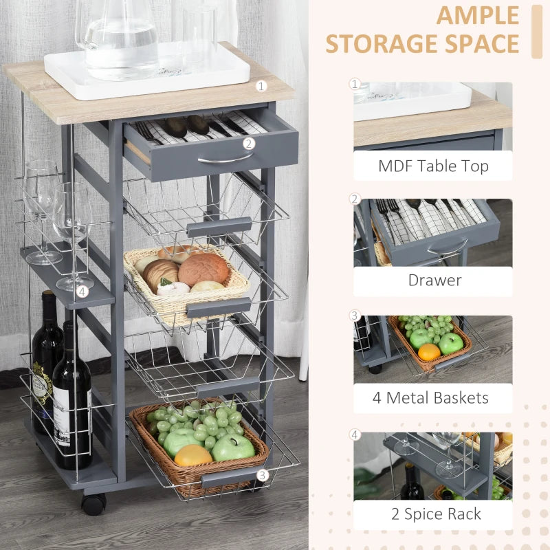 Grey Rolling Kitchen Cart with 4 Basket Drawers & Side Racks