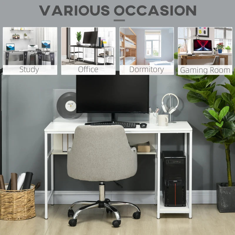 White Home Office Desk with Storage, 120 x 60cm, 2 Shelves, Steel Frame