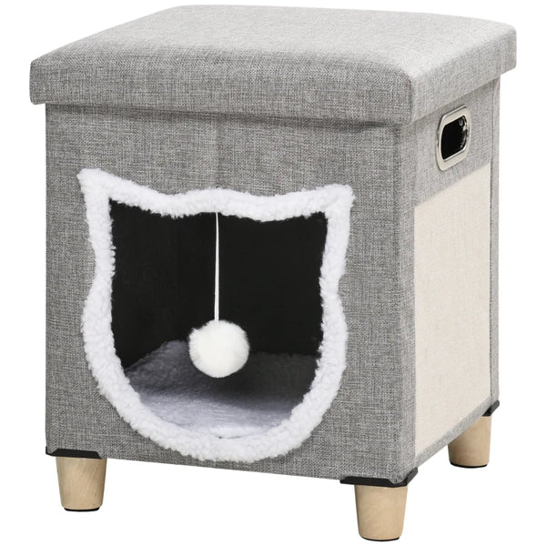 Grey Cat Bed Ottoman with Scratching Pad and Toy Ball