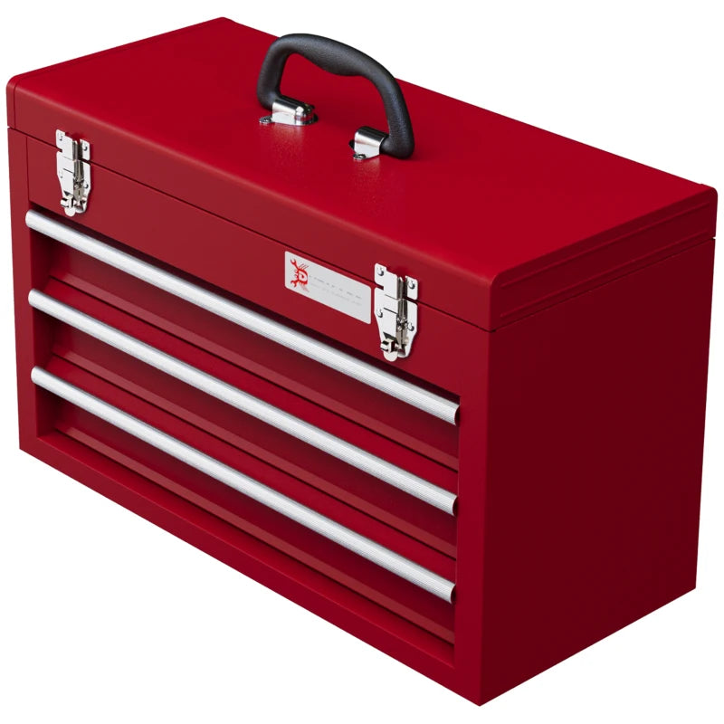 Red 3-Drawer Lockable Metal Tool Box with Handle and Ball Bearing Runners