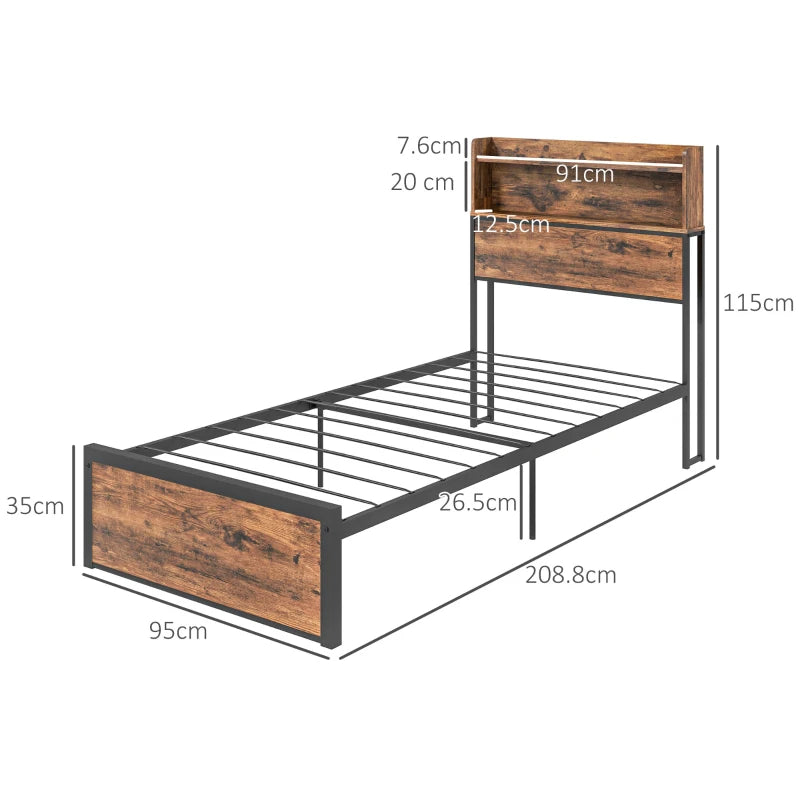 Rustic Brown Steel Single Bed Frame with Storage, 3.1FT