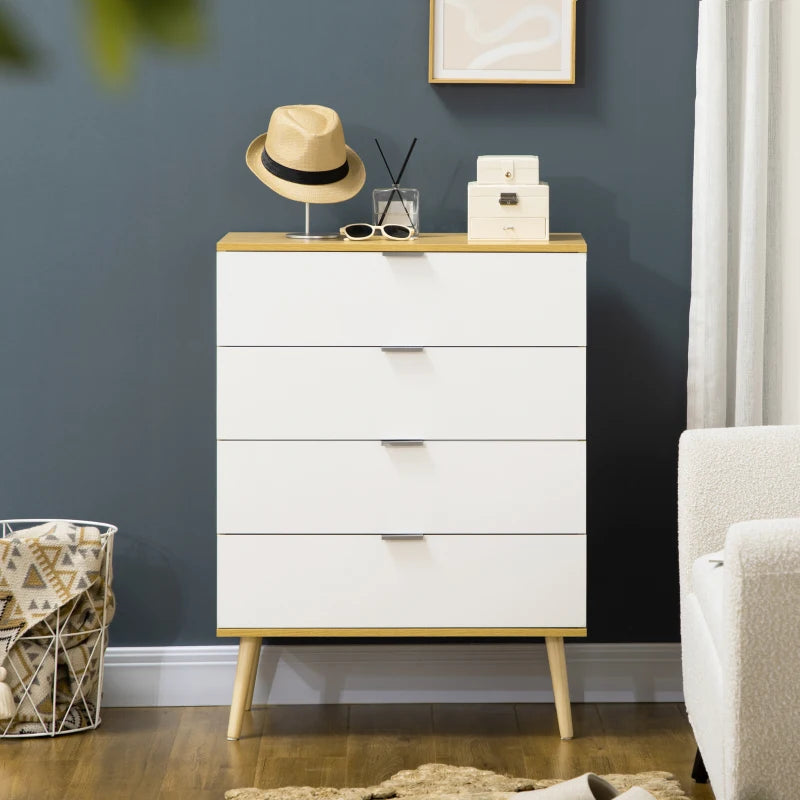 White and Natural 4-Drawer Storage Chest with Pine Wood Legs