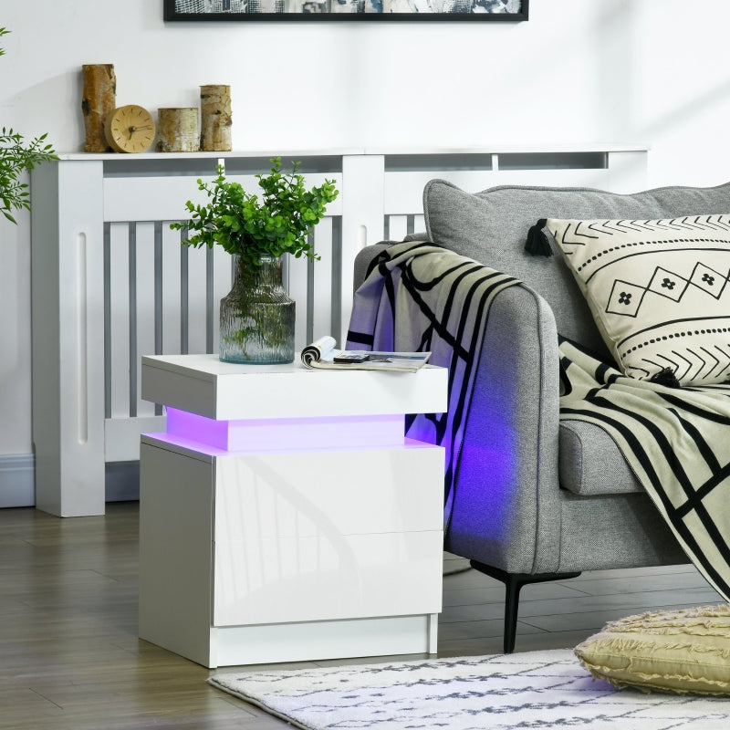 White High Gloss LED Bedside Table with 2 Drawers