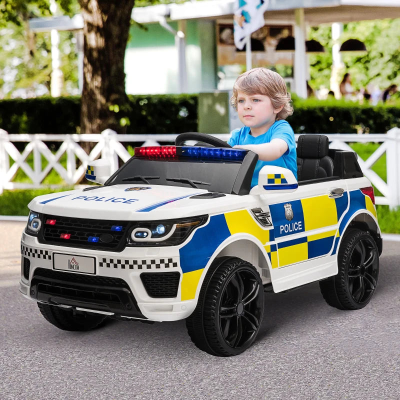 White Kids Electric Police Car with Remote Control & Lights