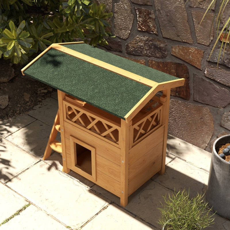 Outdoor Cat House with Balcony and Stairs, Natural Wood Finish, 77 x 50 x 73 cm