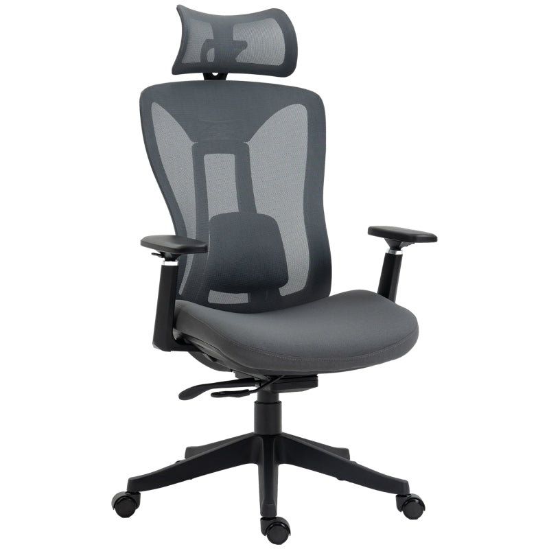 Grey Ergonomic Mesh Office Chair with Adjustable Headrest and Lumbar Support