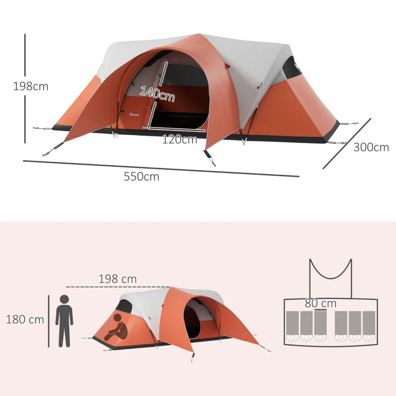 Orange 6-Person Waterproof Camping Tent with Porch and Groundsheet