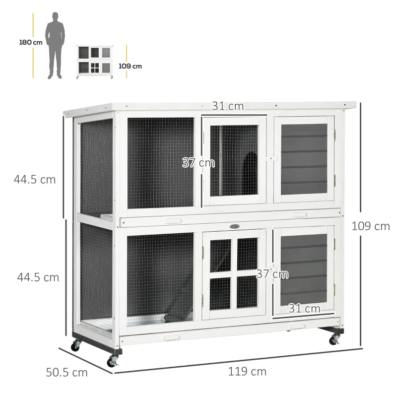 Wooden Two-Tier Rabbit Hutch, Guinea Pig Cage with Wheels - Brown