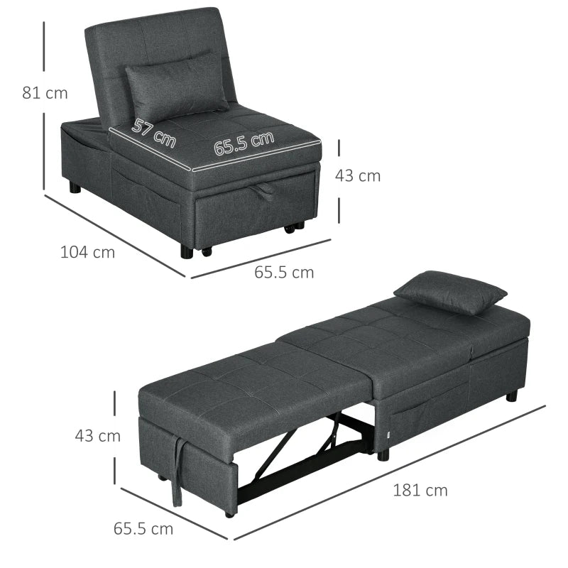 Grey Convertible Chair Bed with Adjustable Backrest and Side Pocket