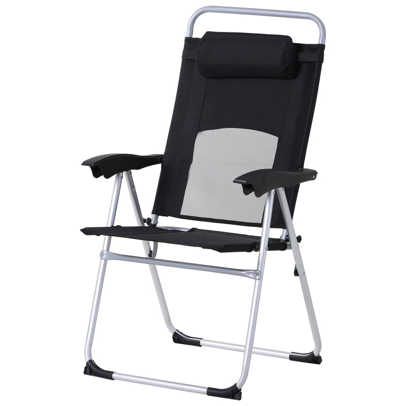 Black Folding Camping Chair with Adjustable Recliner and Pillow