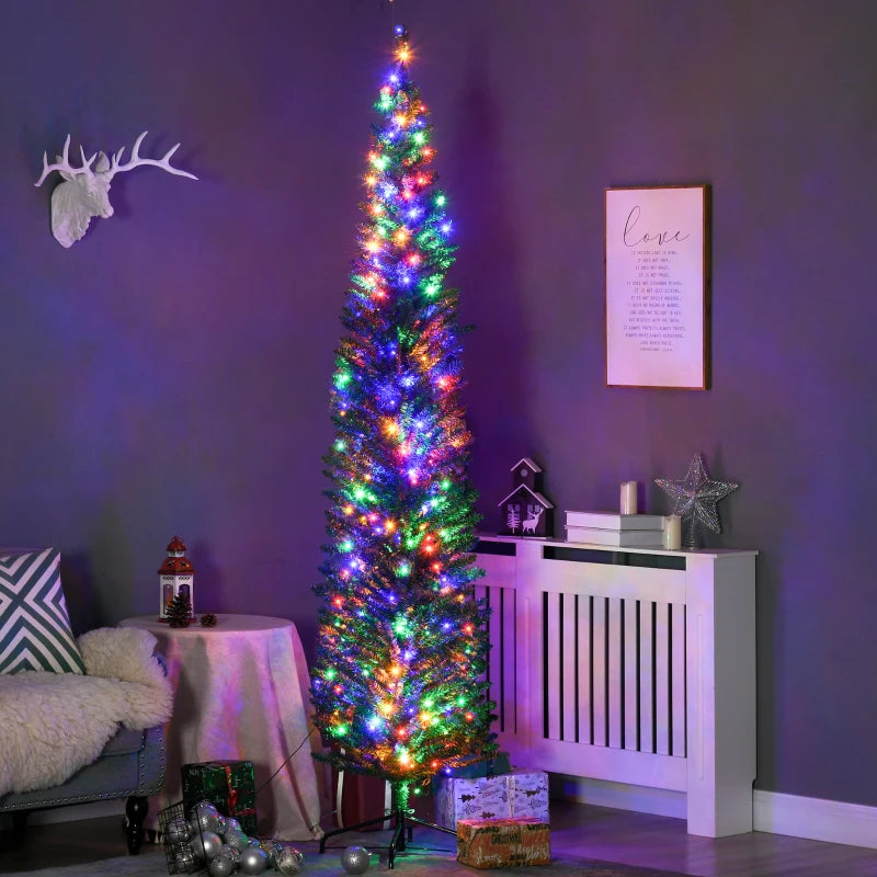 7.5' Pre-lit Christmas Tree with Colourful LED Lights, Pencil Shape, Steel Base